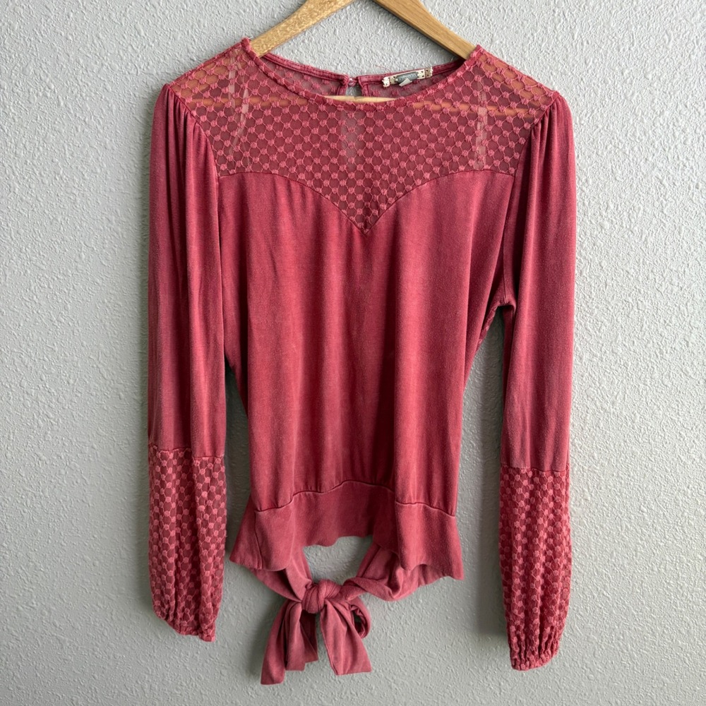 Gimmicks Pink Distressed Long Sleeve Sheer Tie Back Shirt Blouse S